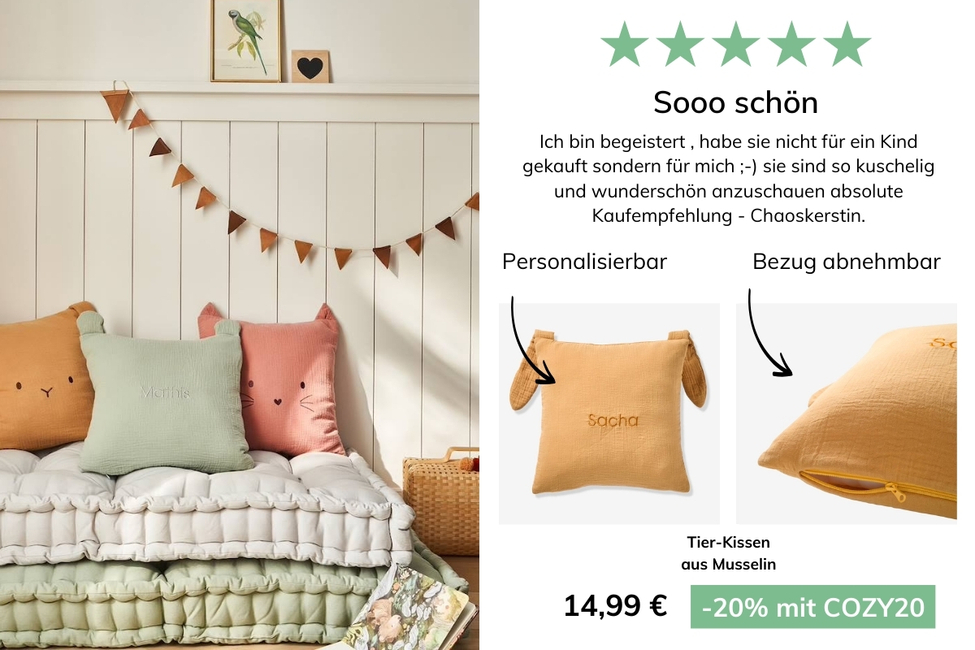 Kinderzimmer Tier-Kissen aus Musselin, personalisierbar - zimt